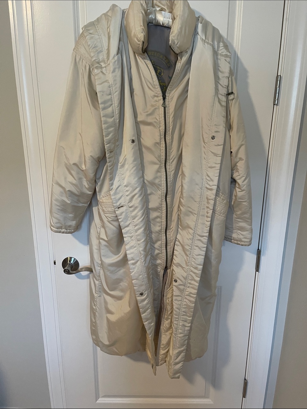 Women's Cream Long Puffer Coat with Tall Collar